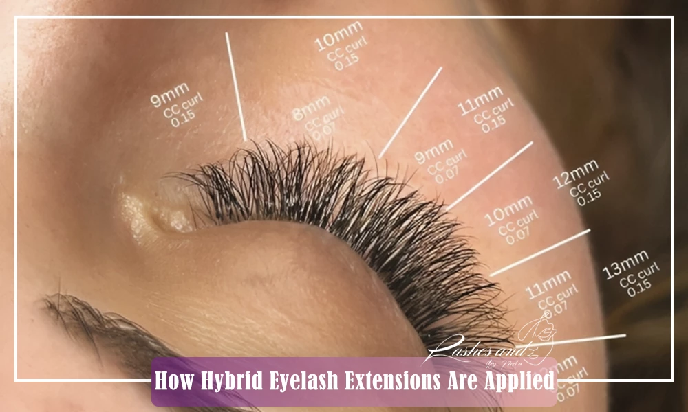 Step-by-step guide on how hybrid eyelash extensions are applied, blending classic and volume lashes for a natural yet fuller look